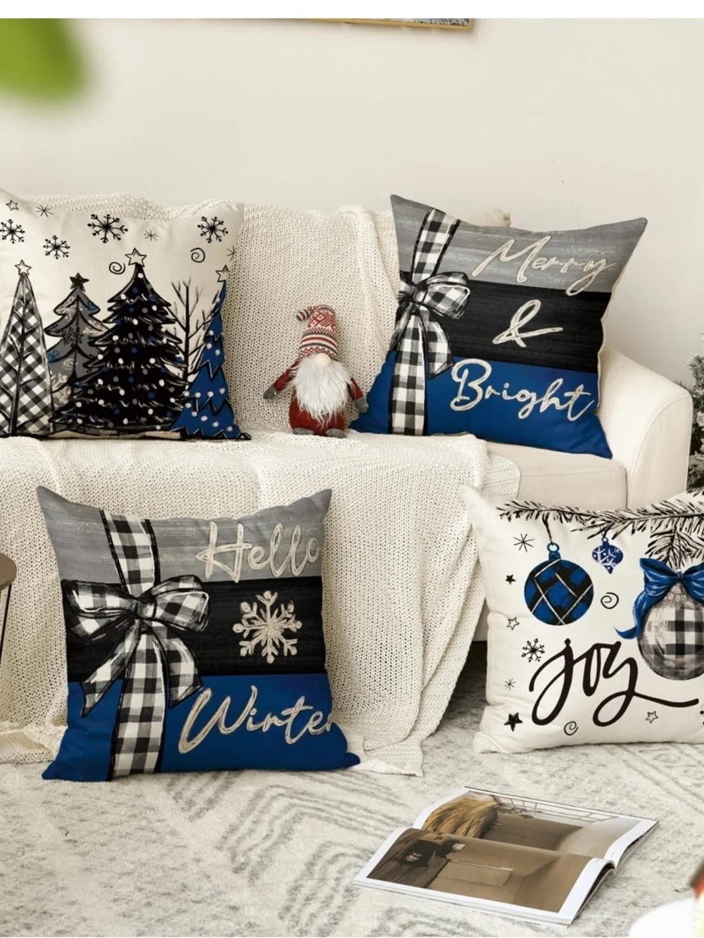 4 Holiday Throw Pillow Covers - Blue, Black & White, burlap feel, NWOT
